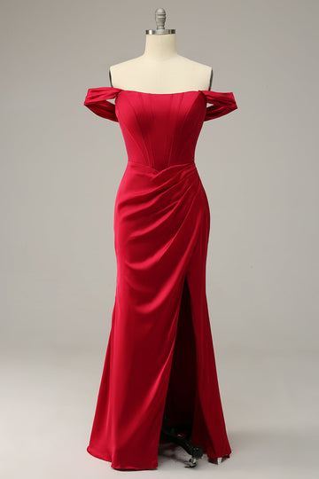Mermaid Off the Shoulder Burgundy Plus Size Ball Dress with Split Front